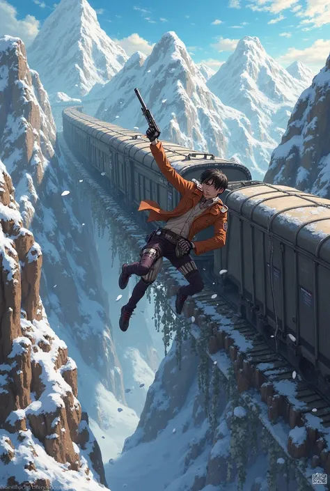 Eren Jeager (Aot uniform) injured hanging from a derailed train and sloping into the void, destroyed in the rubble, on the snowy mountains, equipped with a gun while shooting at enemies, anime style,