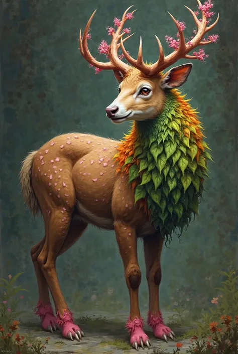  dark fantasy digital painting illustration subrealistic . A beautiful adult hybrid similar to a large deer, with the fur on his body brown with pink spots, with an abundant coat that covers its green neck,  yellow , oranges and reds, A tail of green leave...