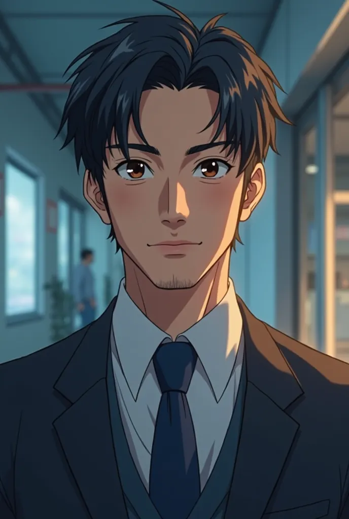 ( front view:1.4)45 years old,Beardless,Upper body composition ,Makoto Shinkai's Painting Style, Japanese,(smile:1.3), tall man ,Delicate Facial Features Like Actors ,(short hair:1.4),Real dark hair , Sports Hairstyles,(Celebrity Suits:1.5), Dark Blue Tie ...