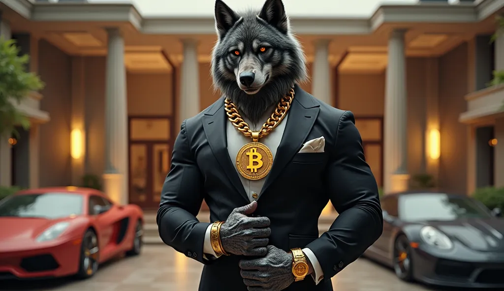 "Create an ultra-realistic and highly detailed image of a bodybuilder werewolf wearing an elegant suit, perfectly fitted to his muscular body. He flaunts a massive gold chain with a large Bitcoin symbol pendant, along with gold bracelets and a luxurious go...