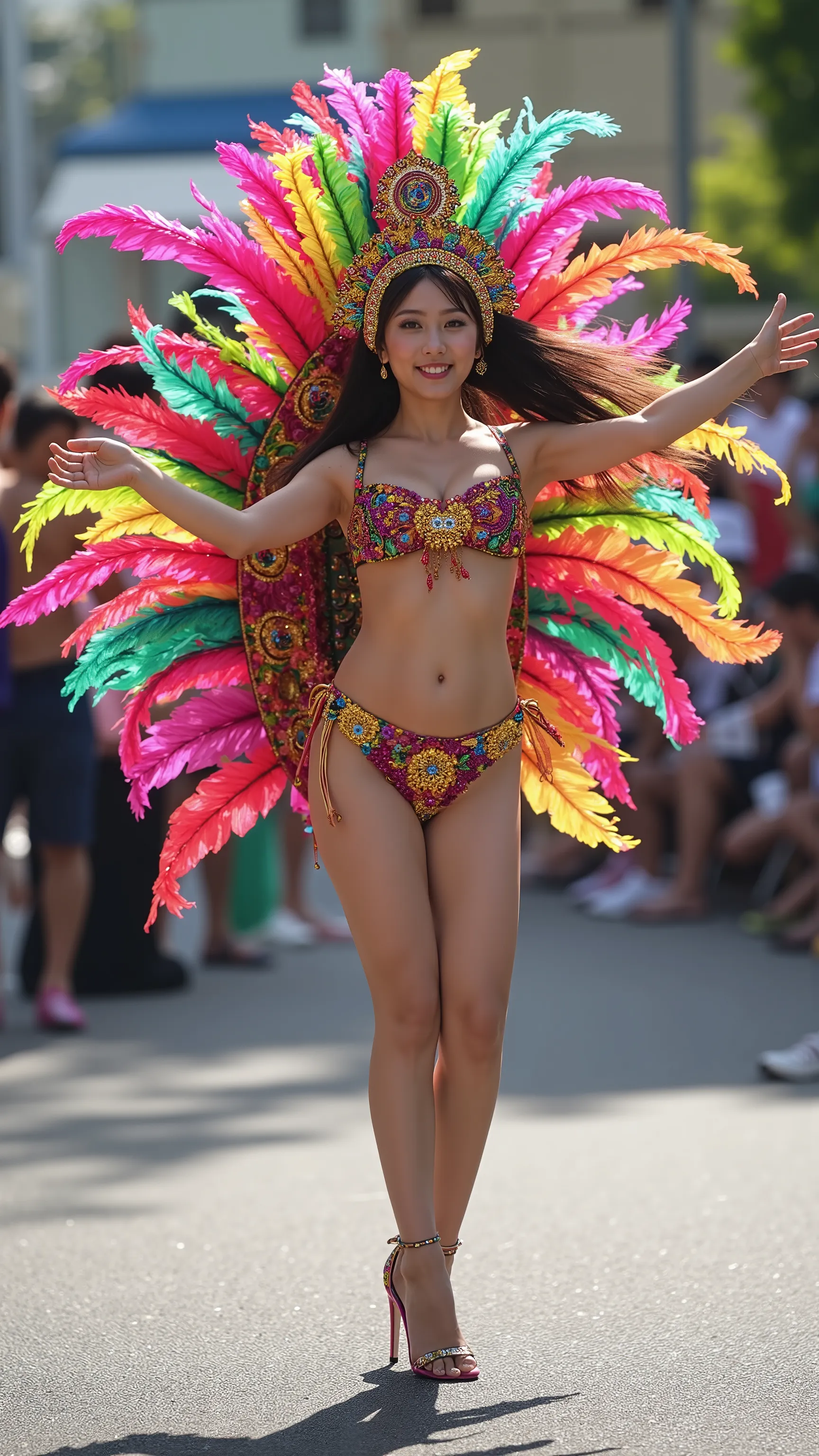 high resolution photograph of a Japanese young female idol dancing samba on the Road, photo-realistic, RAW photo, 8K, absurdres, masterpiece, best quality, amazing quality, extremely detailed, intricate details, sharp focus, rich contrast, professional lig...