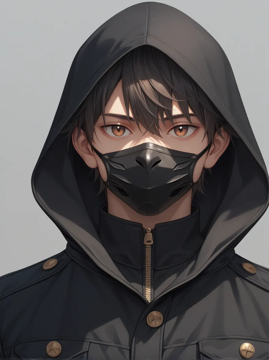 1boy, male_focus, solo, mask, black_hair, hood, looking_at_viewer, mouth_mask, brown_eyes, simple_background, upper_body, grey_background, jacket, black_jacket, hood_up, bangs, short_hair, buttons, hair_between_eyes, black_mask