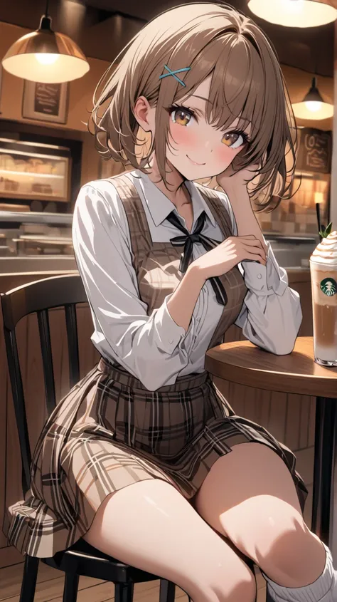 16K Brown Hair, Short Hair,  Old High School Girl, X Hair Ornament, Super Beautiful White Blouse　　 WHITE LOOSE SOCKS 　checked skirt　Super delicate and stylish cafe restaurant　Cafe latte　sitting on a chair　 smile,  front view　Subjective　Inner thighs