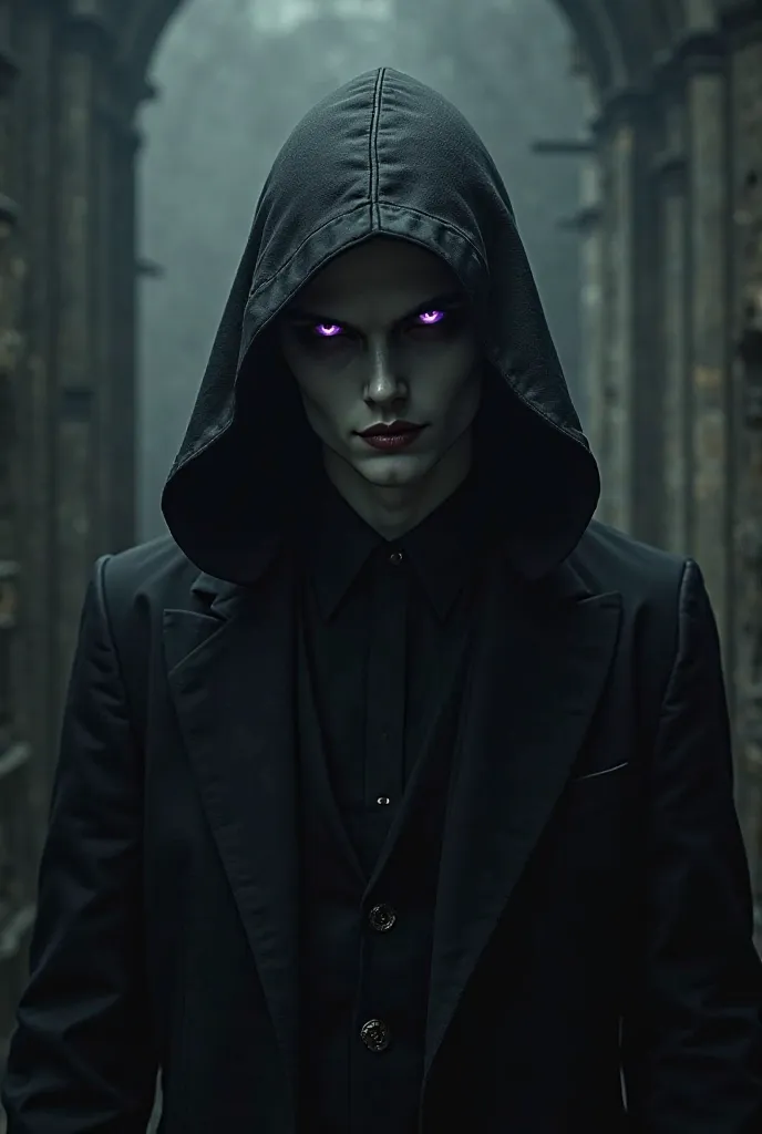 A young pale man in all black suit with hood on that barely can see his purple big eyes. He has full lips and small nose and he smirk dangerously