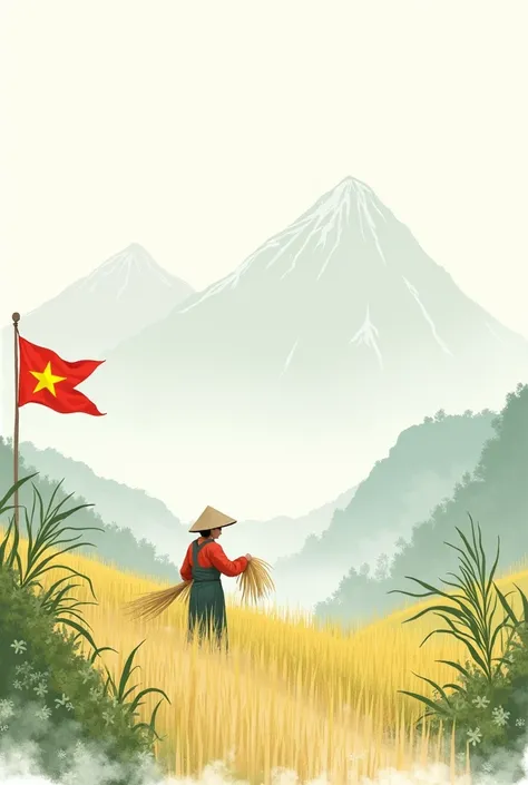 Draw a picture of the terraces and the Vietnamese flag on the left with an ethnic people harvesting rice. Make it look like a human hand painting in low resolution and make it simple and cute just draw 2 mountains behind so that the color is all white. Jus...