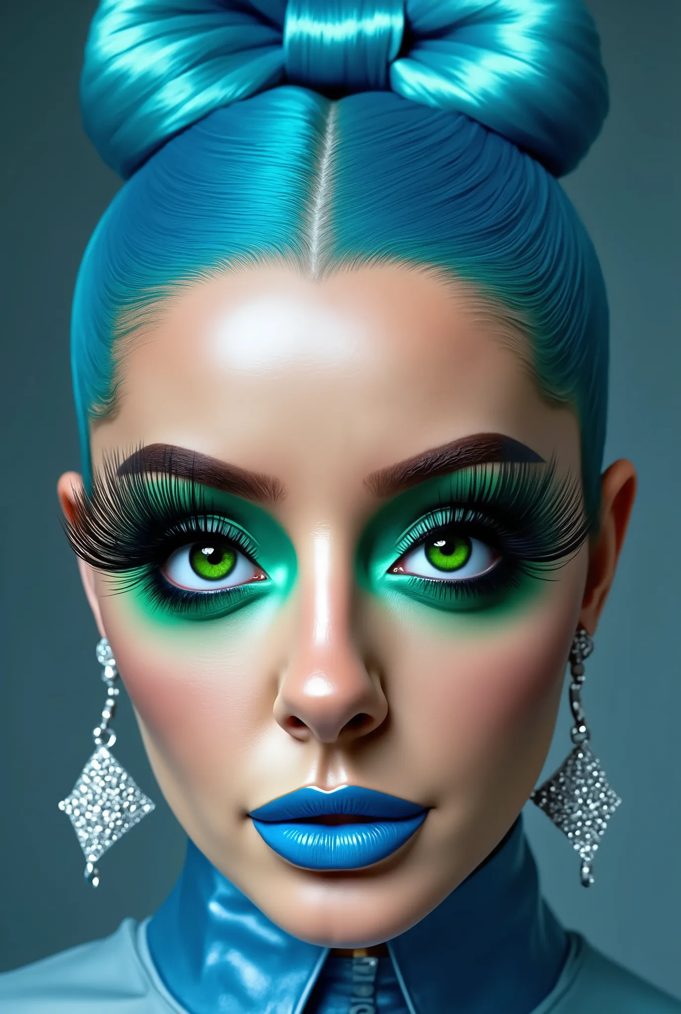 incredibly long and voluminous eyelash extensions, bright green makeup ,  blue hair ,  diamond earrings  , collar, blue lips,  bow-shaped hair , 