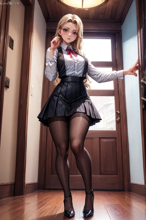 メイド服　miniskirt　pantyhose　high heels　woman　full body　 skirt roll up with length