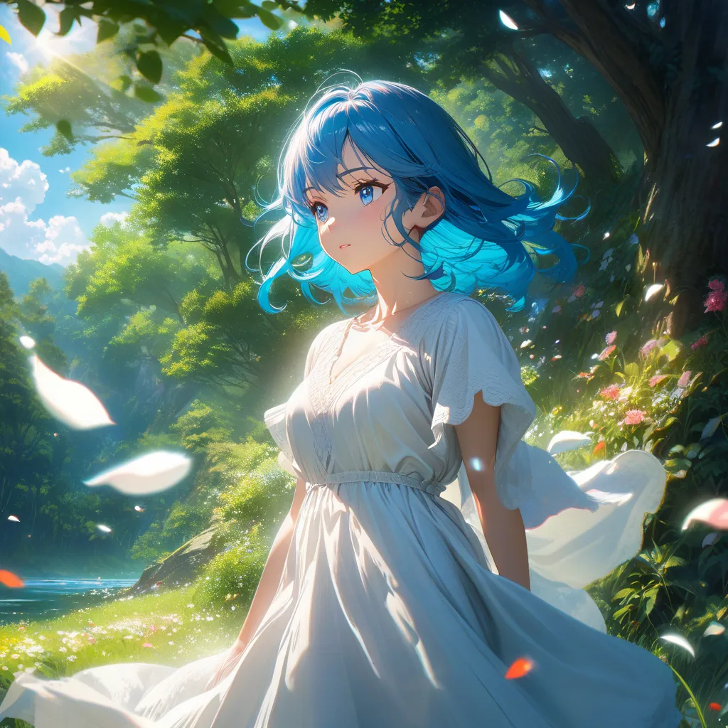 better days ahead, anime style, high resolution, detailed anime character, young woman with long blue hair and vibrant blue eyes, serene expression, standing in a lush green meadow, with a soft blue sky and fluffy white clouds overhead, sunlight streaming ...