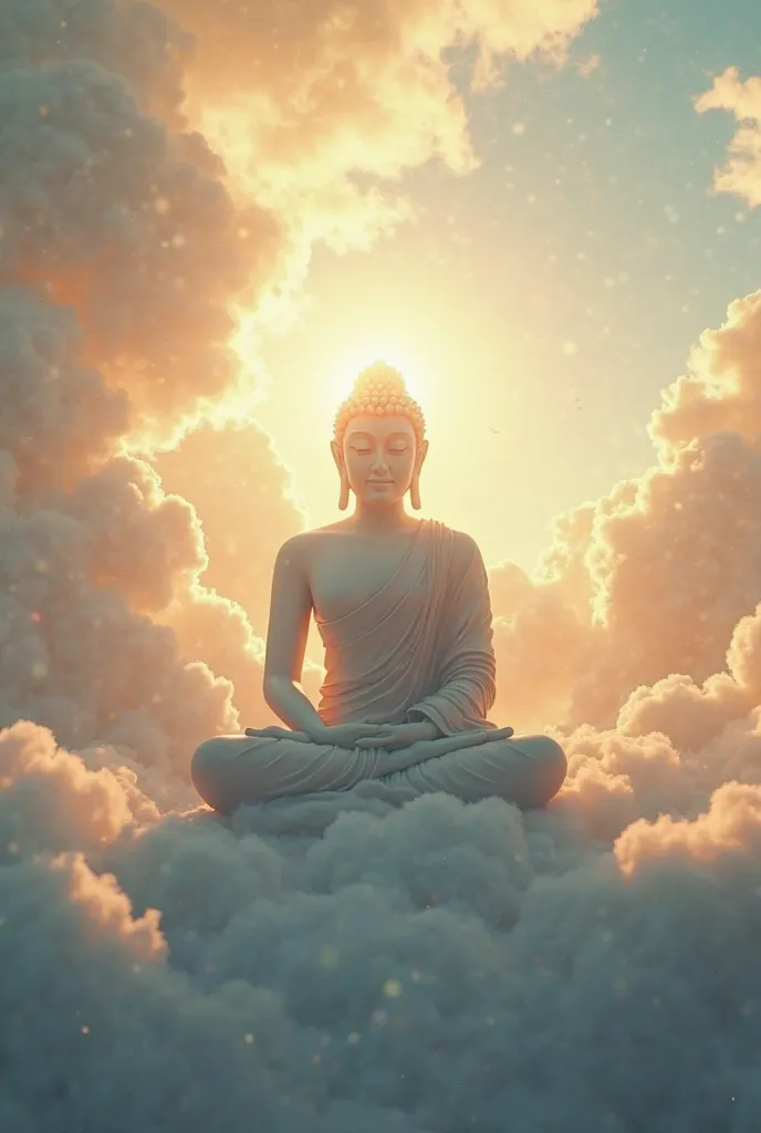 Create 5s short video about buddha in a magical cloud sky with gentle sun