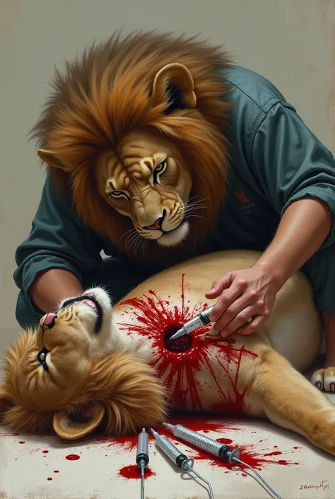 Blooded injured lion and the wound us covered with injects and a man try to rescue him 
Complete pic and a clear wound with injects on wound 


