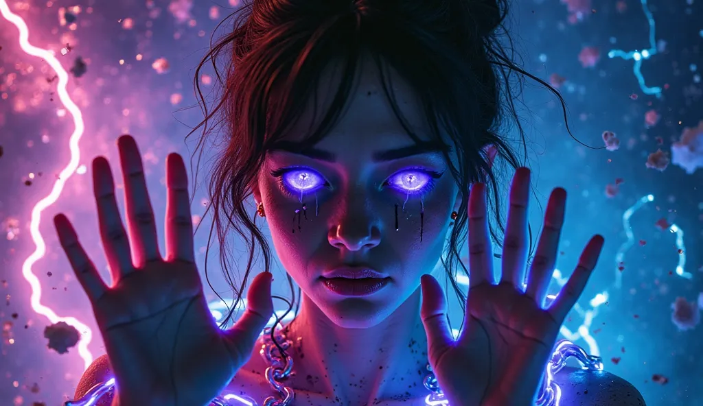 Dark cinematic alternative pop thumbnail, intense close-up of a young woman trapped inside shattered glass, her hands pressed against the cracks. Glowing neon chains wrap around her arms, dissolving into glowing smoke. Her eyes glow bright violet with tear...