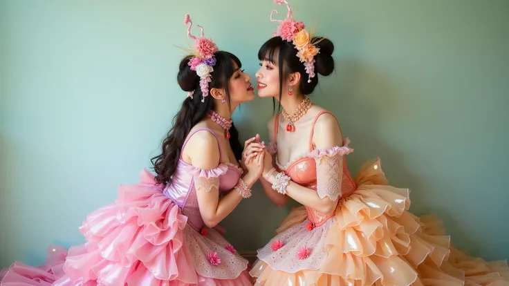 japanese, two japanese women in costumes posing for a photo in front of a wall, frills, frilly outfit, frill, corsets, lolita style, maid dress, lolita fashion, ruffles tassels and ribbons, maid outfit, latex outfits, various colors, wearing fantasy formal...