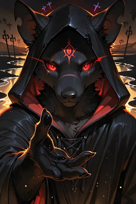 ((masterpiece, best quality, ultra detailed)), ((furry, anthro)), ((arabian, dark fantasy)), ((male, man)) ((solo)). Mysterious rat-man shrouded in darkness, wearing a hooded black robe. His limbs are composed of living black sand, constantly moving. Only ...