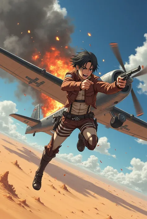 Eren Jeager (Aot uniform) injured hanging from a burning plane flying in the desert, armed with a gun while shooting at enemies, anime style,