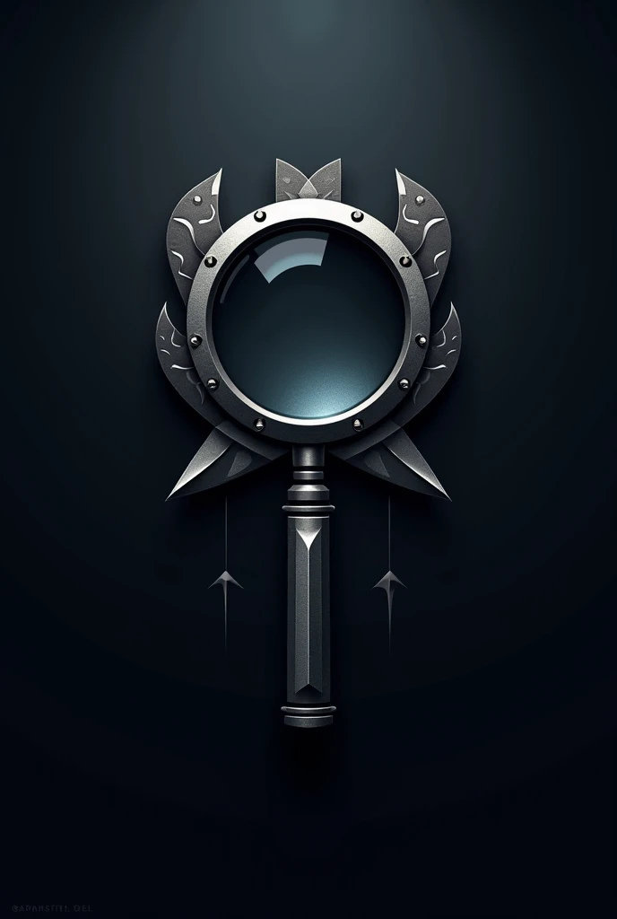 a logo, A magnifying glass inside the magnifying glass imprint, weapons etc 