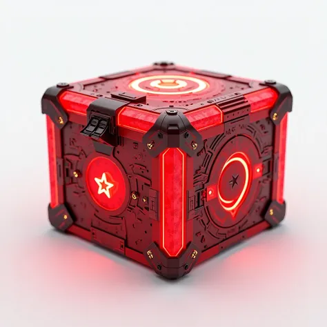 red loot iron box scifi, glowing,  red glowing cyber symbol, white background, , hyper detailed
