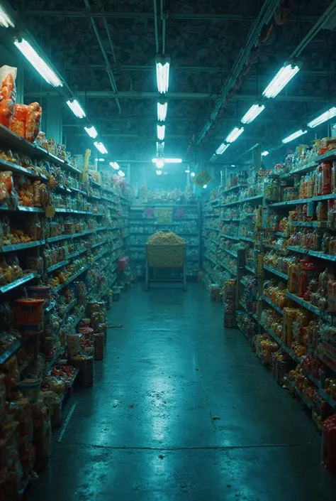 A landscape photo of Asian supermarket shelves at night with blue tones and an ancient grain as taken with a film camera 