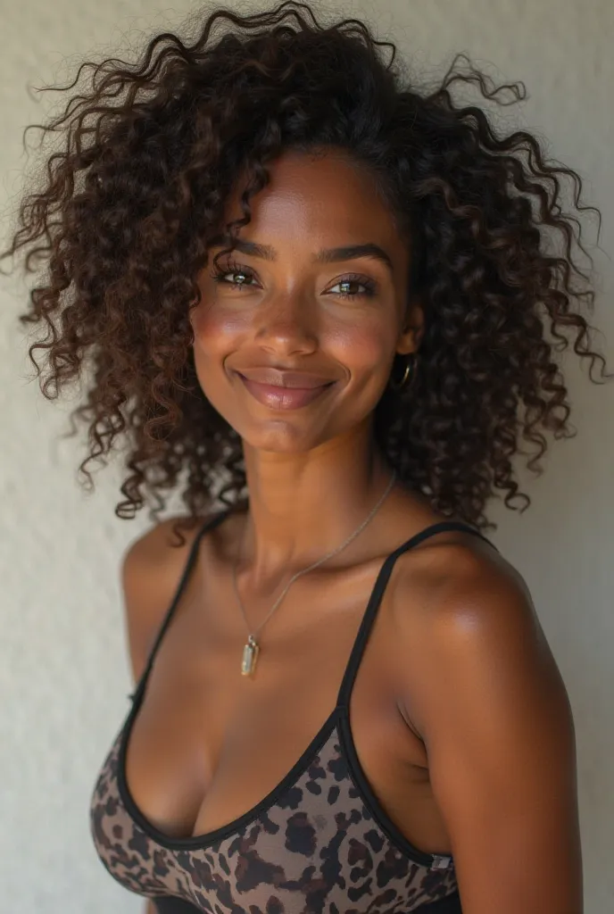 Create an ultra realistic model of a 20-year-old, with characteristics of a Brazilian woman, black, with fair brown skin and curly hair. She must have an athletic and well-defined body, with a natural smile and confident look. She must look modern and eleg...