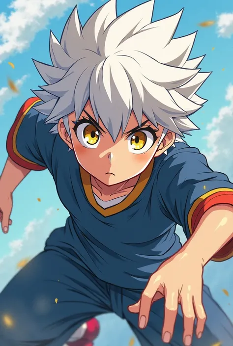 (maximum quality, best quality,  official art ,  beautiful and aesthetic :1.2)  Inazuma Eleven, Boy with white hair , anime style,  Yellow Eyes, wearing the uniform of Raimon .