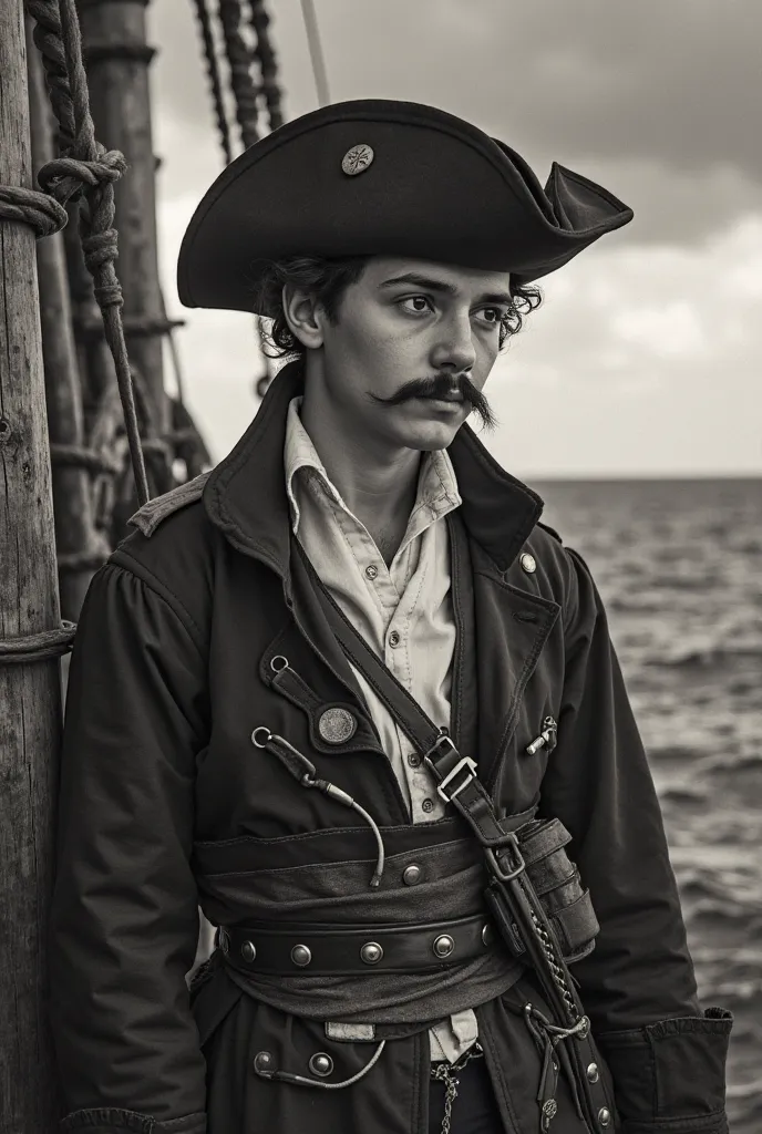 1. Caribbean Sea, Caribbean island, in 1792. 2. sea, in 1792. 3. a young man, dwarf, with a mustache, wearing sailor's clothes, and a hat, standing inside a pirate ship, in 1792. 4. at noon. 5.like a retro portrait photo, black and white, with all the deta...