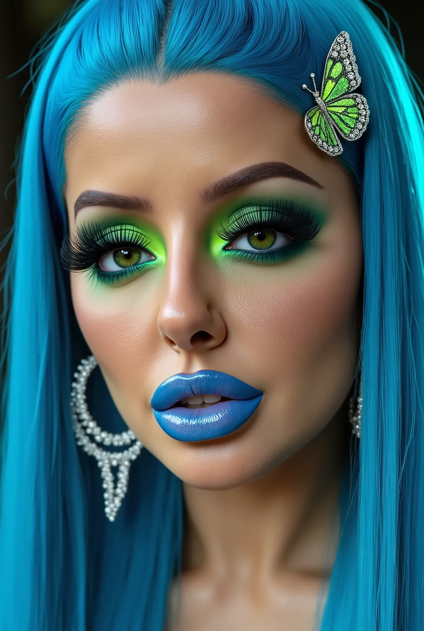 incredibly long and voluminous eyelash extensions, bright green makeup ,  blue hair ,  diamond earrings  , collar, blue lips, straight hair, green butterfly clip on the side of the hair