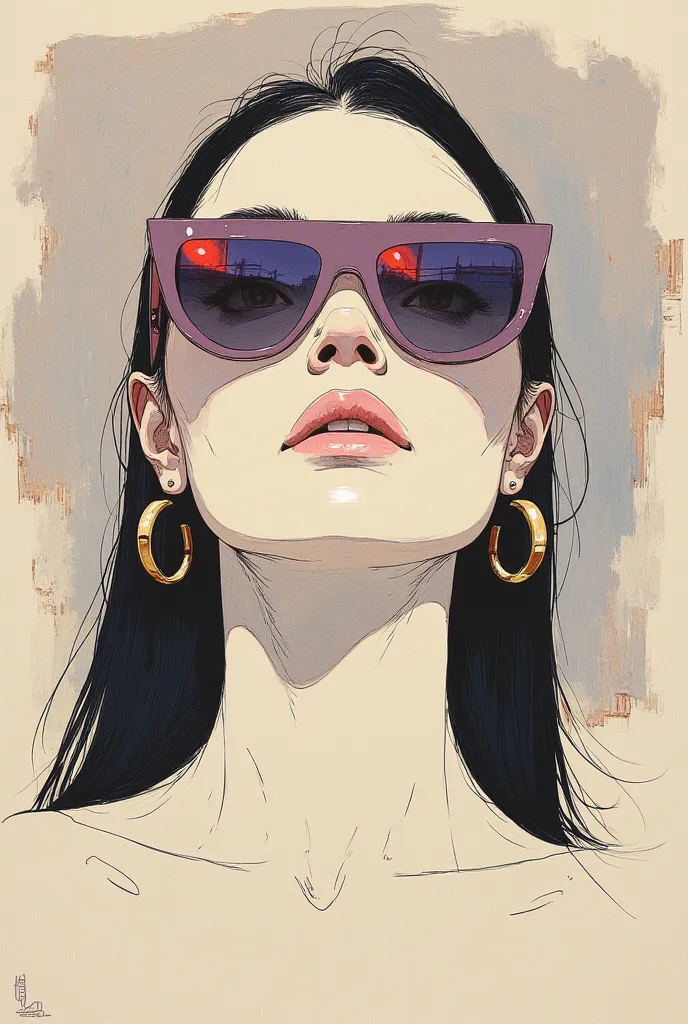 An artistic sketch of a modern sunglasses, beautiful woman, long dark hair, big earings. The portrait features a mix of minimalistic linework and painterly strokes in soft, muted tones of beige, gray, lavender, and hints of red. The loose brushstrokes blen...