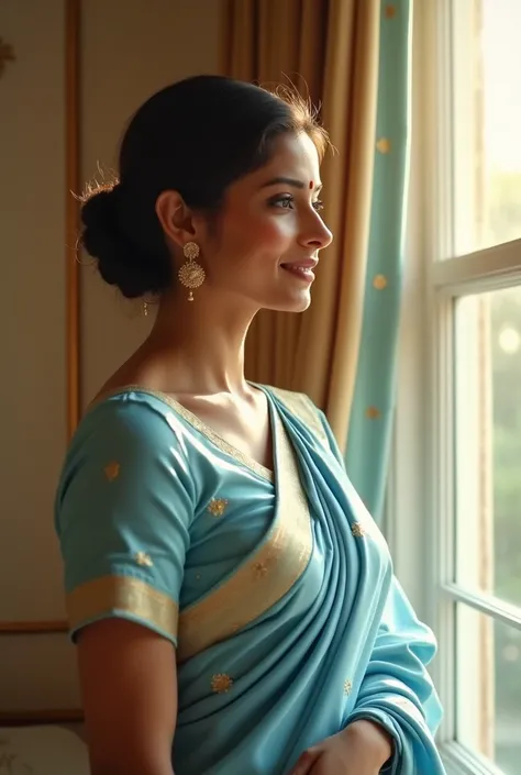 Nirmala a stunning beautiful women stands by the window in her royal room, holding her phone to her ear with a soft smile playing on her lips as she talks to Seeta. The room is elegant, with large windows that let in the soft morning light. Nirmala wears a...