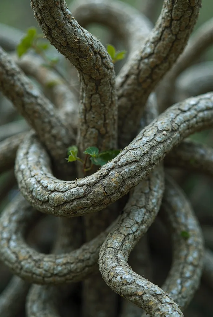 Close-up of multiple organic, fluid tree branches, twisting and intertwining throughout the entire image, with intricate details highlighting the natural texture and delicate movement as they weave together in a seamless flow.