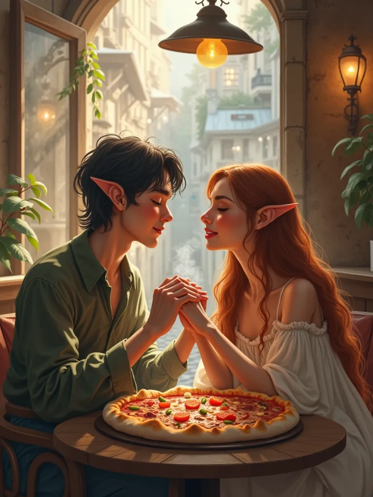 Elves A beautiful couple, a brunette man and a brown-haired girl are sitting in a cafe eating pizza  