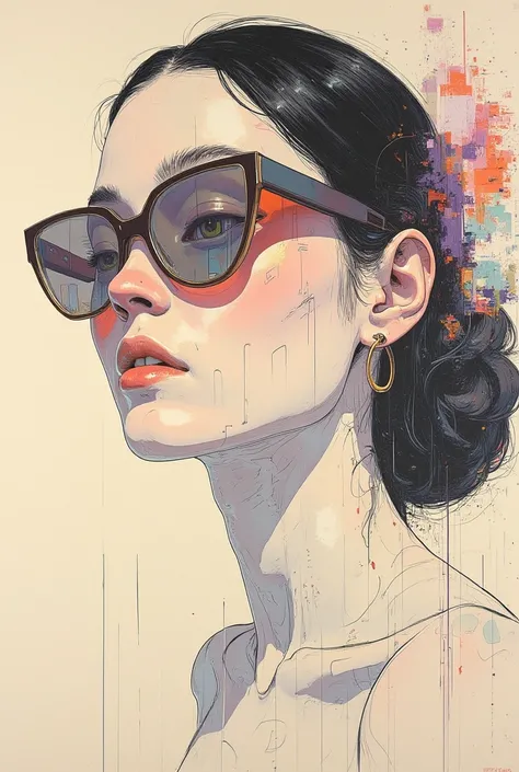 An artistic sketch of a modern sunglasses, beautiful woman, medium dark hair, big earings. The portrait features a mix of minimalistic linework and painterly strokes in soft, muted tones of beige, gray, lavender, and hints of red. The loose brushstrokes bl...