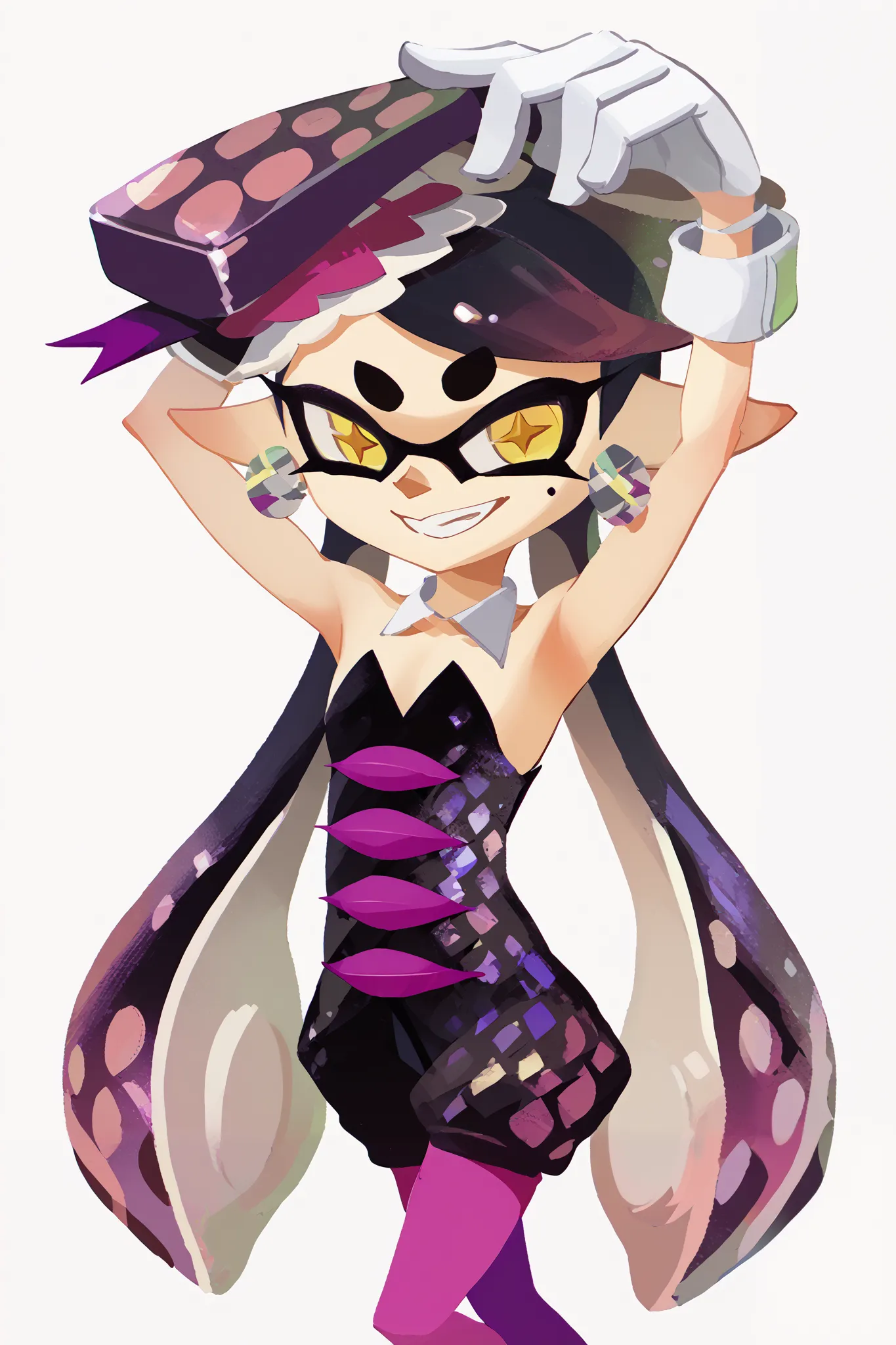 masterpiece、best quality、high quality、detailed、ultra detailed, white background、 chibi、callie、Aori、smile、 pose 、arms  up、Armpit、
callieSDXL、1 girl、solo、long hair、Watch Your Audience、smile、 black hair、 gloves、胸の谷間、Exposed Shoulders、jewelry、yellow eyes、 purp...