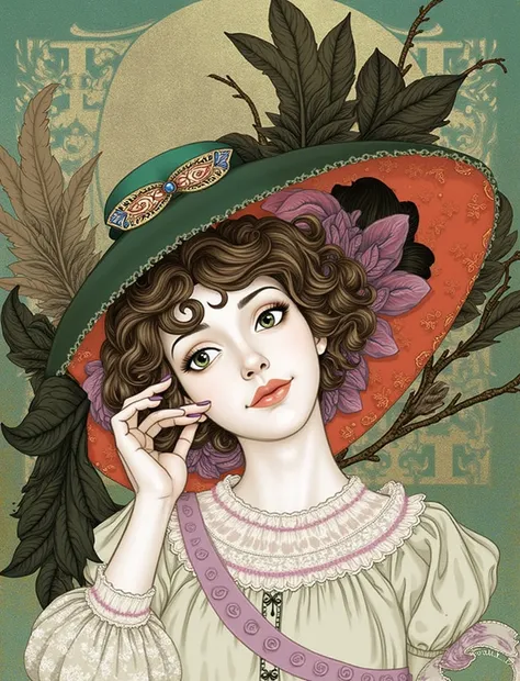 Portrait of a young woman with curly hair, wearing an Art Nouveau hat with feathers, whimsical, bright colors, detailed eyes, graceful hands, digital art in the style of silver Age painting, smooth gradients, stylized background, sepia, aged image.