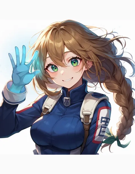 girl with blonde brown hair, with a braid on her hair, green eyes, with a small smile, wearing the physical education blue uniform from my heri academy, waving at the camera with her fingertips shining with a blue light (it's part of her quirk which is ins...