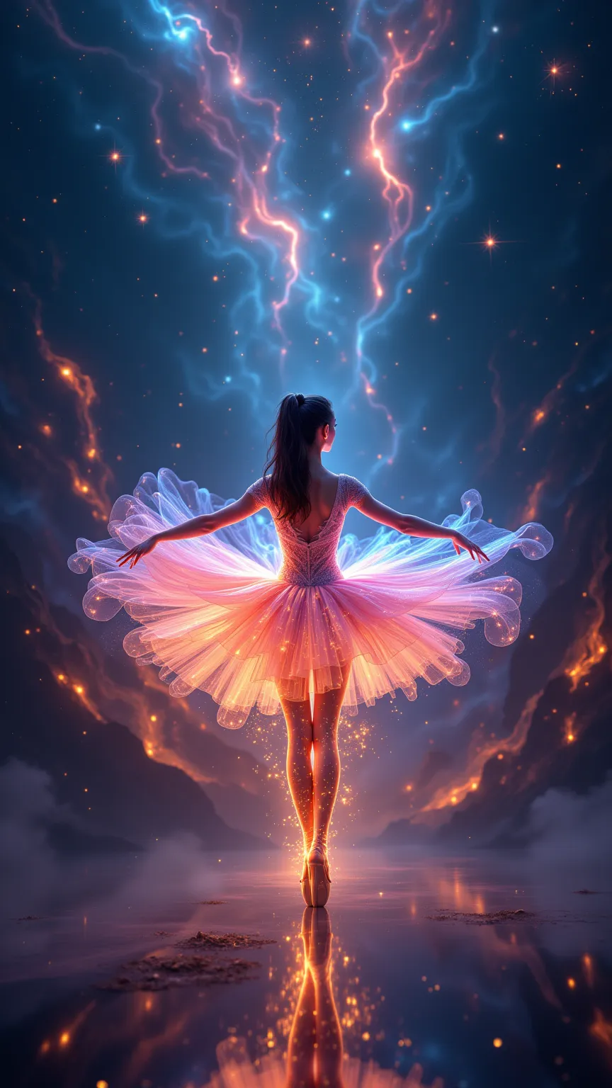  "A ballerina dances in an endless universe, surrounded by glowing stars and nebulae. Your tutu consists of liquid light, that gently shimmers in different colors. Her movements leave traces of cosmic dust, And in the distance, galaxies, that light up with...