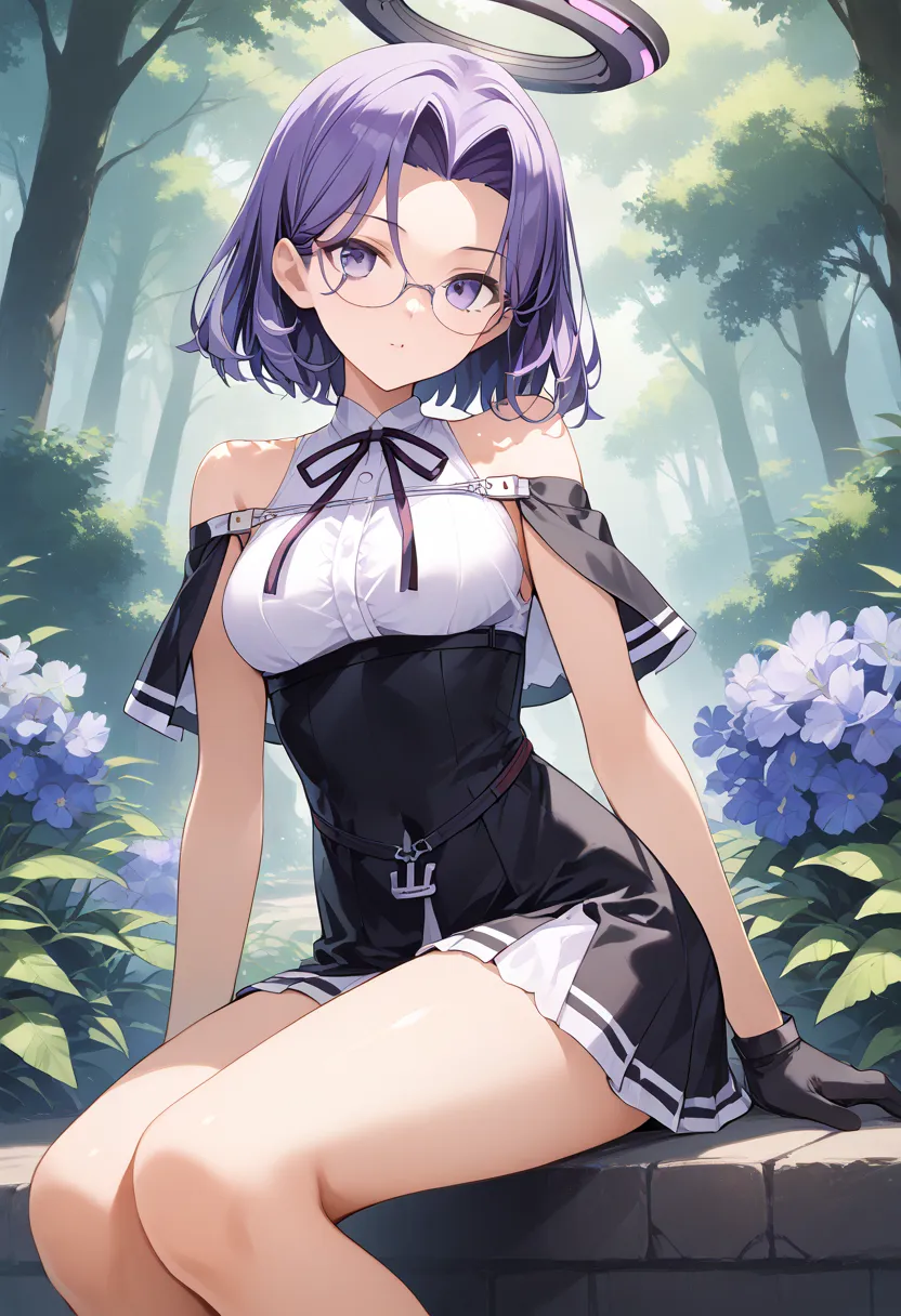 Ryuda Muji, tatsutakaini (kantai collection),  score_9,  score_8_up,  score_7_up,  score_6_up,  source_anime, masterpiece, best quality,  official art, official style,  game cg, glasses magazine, rating_safe, rating_questionable,  purple hair,  halo,  shor...