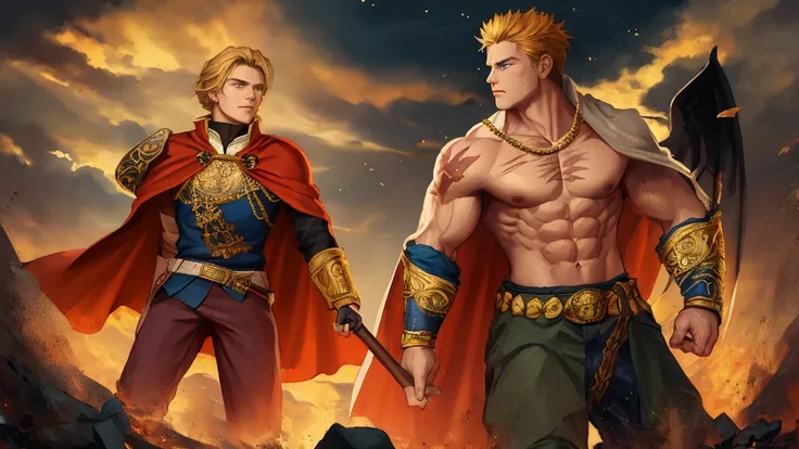 A young, muscular warrior with blond hair and intense blue eyes, wearing a determined expression. He has subtle scars on his face and chest, telling a story of past battles. His outfit consists of a flowing brown cape fastened by golden brooches on his sho...