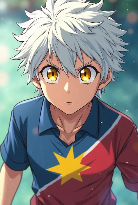 (maximum quality, best quality,  official art ,  beautiful and aesthetic :1.2)  Inazuma Eleven, Boy with white hair , anime style,  Yellow Eyes, wearing the uniform of Raimon .
