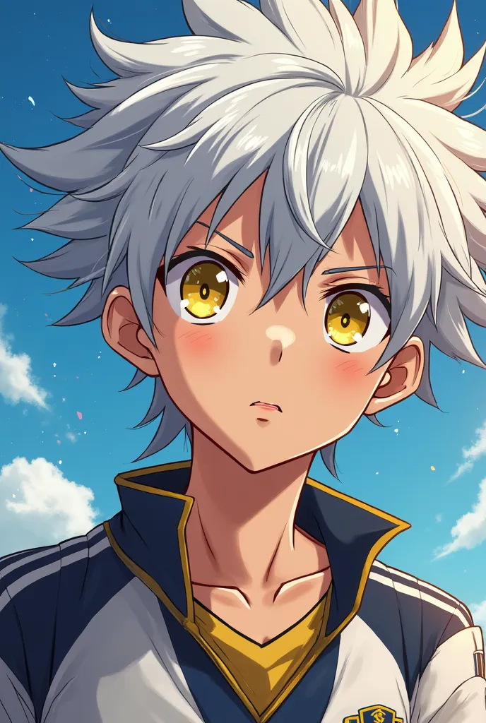 (maximum quality, best quality,  official art ,  beautiful and aesthetic :1.2)  Inazuma Eleven, Boy with white hair , anime style,  Yellow Eyes, wearing the uniform of Raimon .
