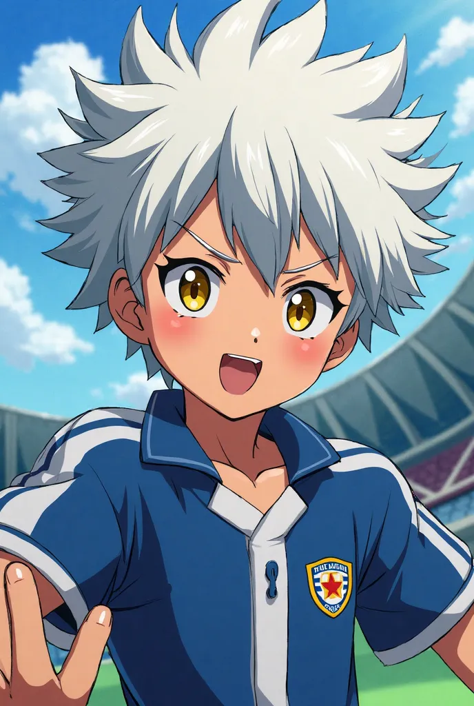 (maximum quality, best quality,  official art ,  beautiful and aesthetic :1.2)  Inazuma Eleven, Boy with white hair , anime style,  Yellow Eyes, wearing the uniform of Raimon .
