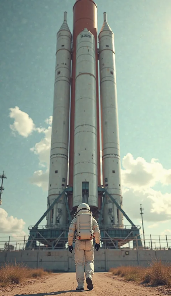 Create an image that simulates the first-person view of an astronaut walking toward a Saturn V rocket that is standing. The view should be wide, controls as if looking with your own eyes, showing the giant rocket in front of me. My arms must be visible, mo...