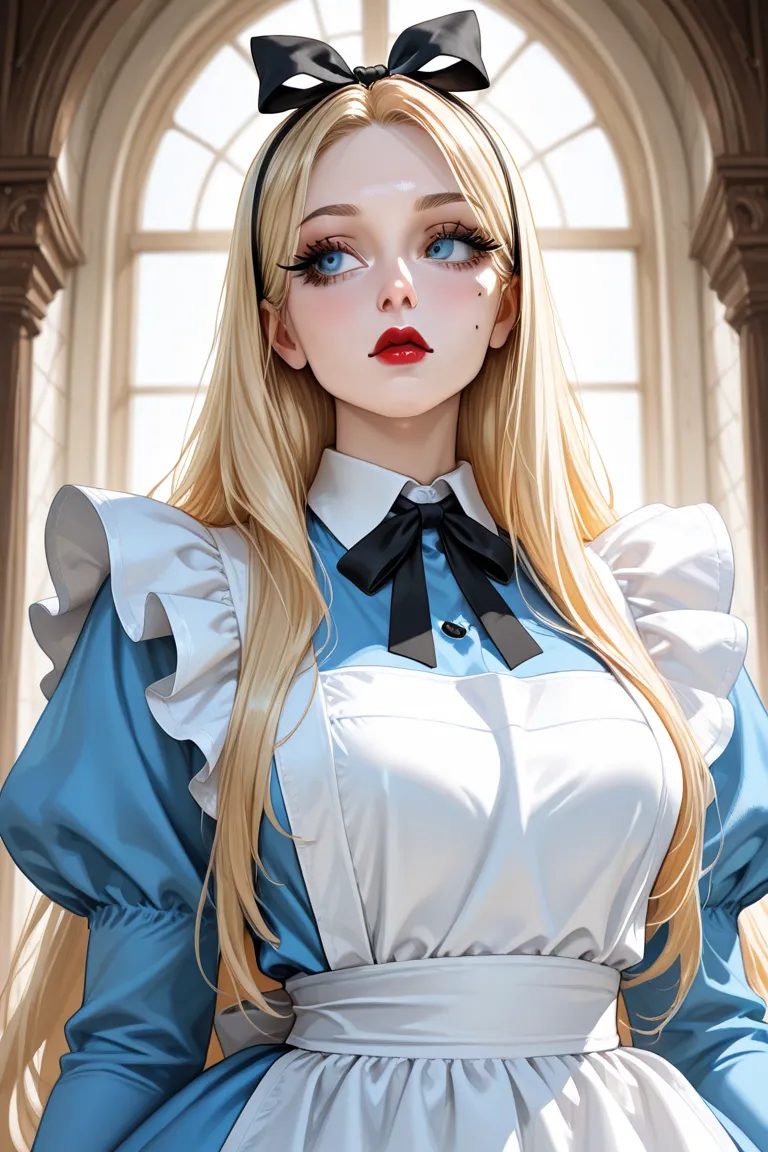 Tall woman, fair skin, mole on cheek, red lips, curious gaze, perfect face, long hair, blonde hair, Black ribbon on hair, vintage blue dress, white apron ((Alice in Wonderland)),long eyelashes, perfect body, perfect proportions, blue eyes