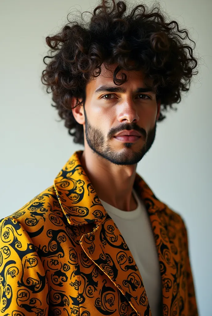 Create an image of a man with curly hair and he must be dressed in an outfit that has a bitcoin print