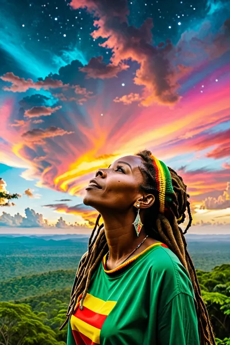 A Rastafarian woman looking up at the psychedelic sky and praising God 