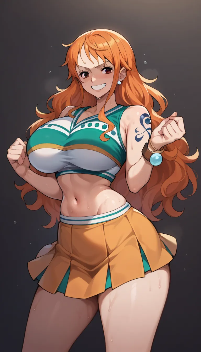   score_4_arriba, BREAK source_    animated, Nami, orange hair,   long hair,   wavy hair  , Brown Eyes, Huge breasts , perky breasts ,    busty   , huge butt,   perfect and pronounced waist,  cheerleader ,gym,sweat, smile,