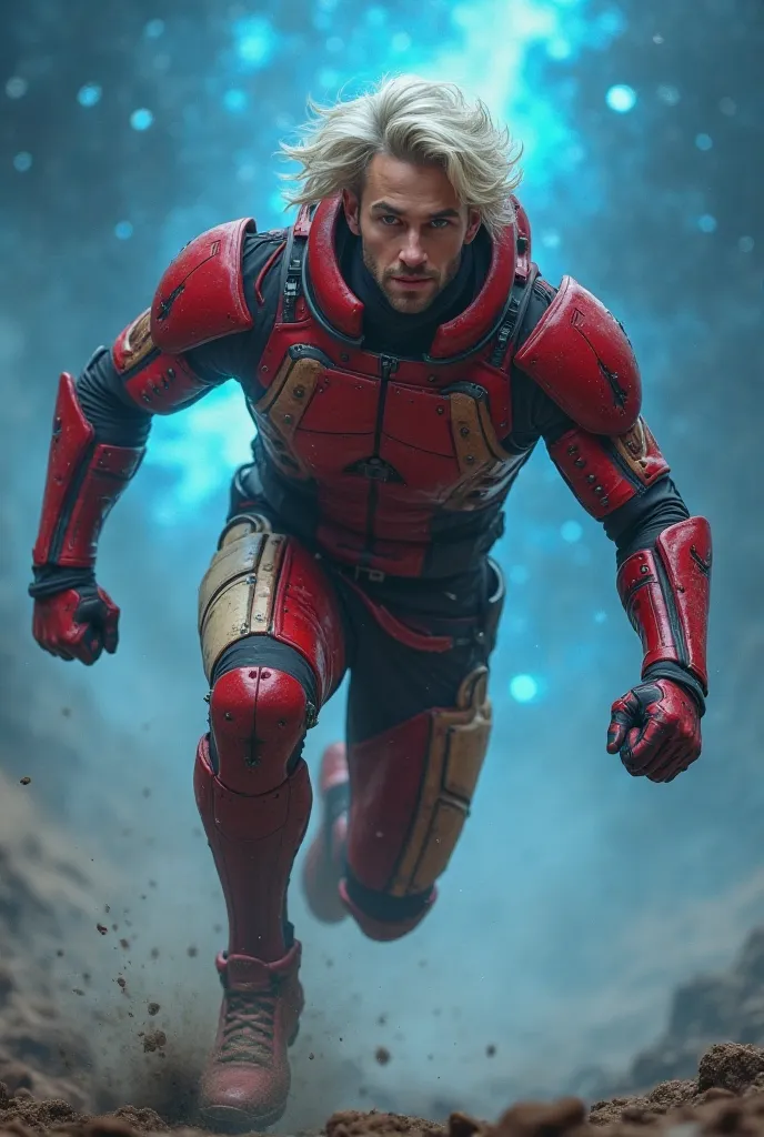 A strikingly handsome Caucasian man in his late 20s charges forward in mid air with unstoppable force. He wears a fully padded combat suit, blood red with beige, built for both offense and defense. His platinum, medium-length hair flows slightly with his m...