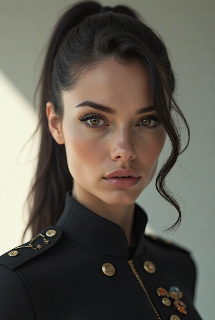 Beautiful woman with black ponytail in uniform