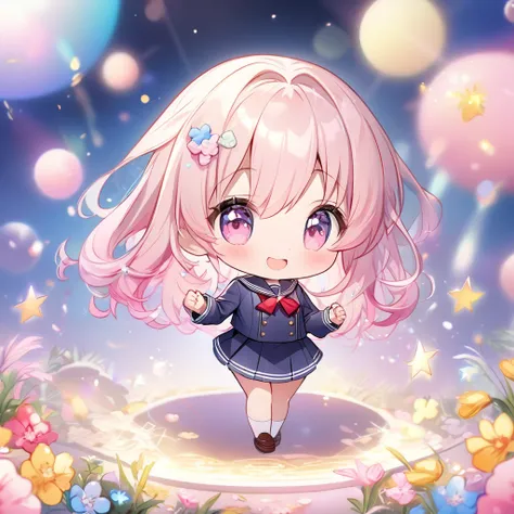 masterpiece, best quality, 4k、((2D illustration))、one beautiful girl、(((chibi style)))、solo、((cute chibi)), ((lens flare))、((sea of light)), ((white light)), ((colorful))、((warm colors))、((long beautiful hair)), glossy light pink hair, gradient hair color,...