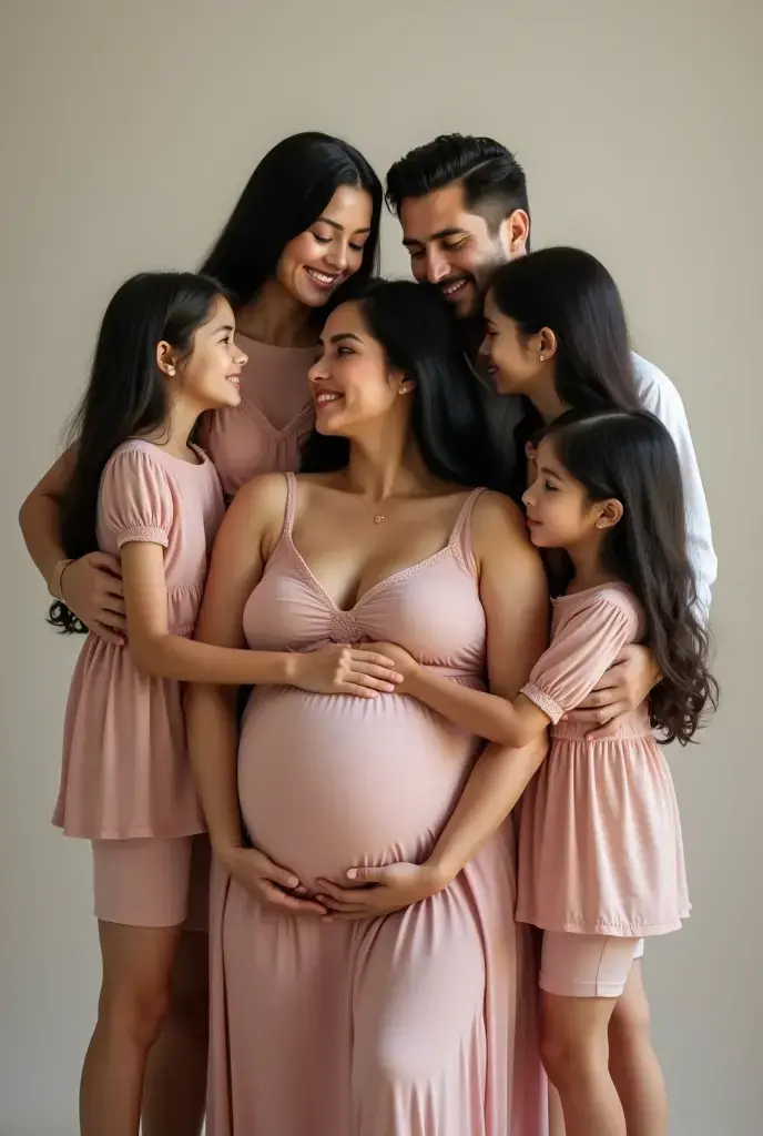 classy maternity shoot. the mother is a gorgeous 40 years old short haired blonde 7 months pregnant woman. behind her the father a green eyed long brown haired man. he is clean shaven. on her left and right her two daughters. on the right one  pretty india...