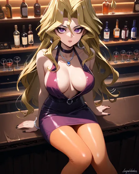 Mai Kubu , black eyeliner, blond hair, long hair, makeup, purple eyes, side lock, wave hair, eyeliner, big breasts, score_9,  score_8_up,  score_7_up,  source_anime, Alone,   cocktail dress, Halter Neck Dress,  Plunging Neckline, Center Open,, High Heel Sa...