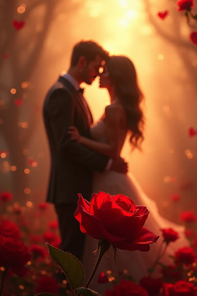 "A romantic couple silhouette standing close together, with a glowing red rose in the foreground. The background is soft and dreamy, with warm golden and red hues, creating a magical and love-filled atmosphere. The couple's pose should symbolize deep love ...